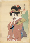 Bijin with battledore delicately smelling a flower (untitled)